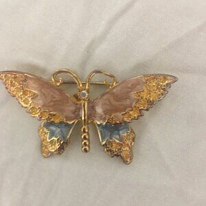 Vintage gold tone butterfly with rhinestone brooch